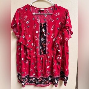 J. Jill Red Floral Cotton Peasant Blouse Extra Large | Ruffle Boho Flowy Top